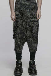 Black/Grey Tie-dyed Sagging Men's Punk Pants with Staps